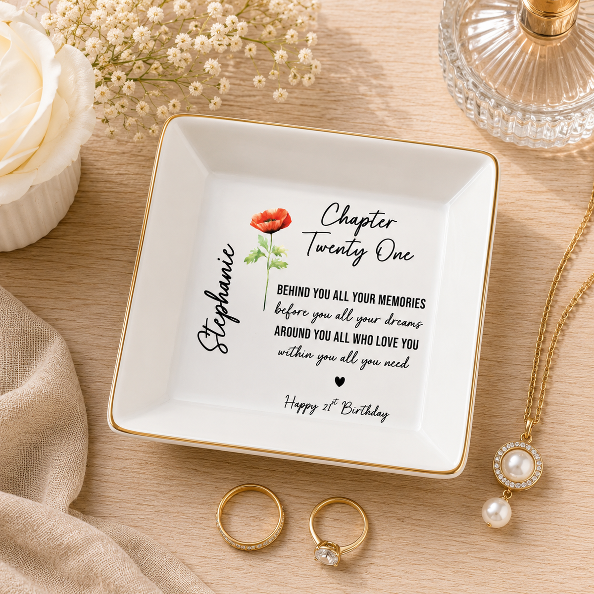 Personalized Birth Flower Jewelry Tray for 21st Birthday, Custom Name Ring Dish Gift for Her, 21st Birthday Gift Women