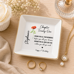 Personalized Birth Flower Jewelry Tray for 21st Birthday, Custom Name Ring Dish Gift for Her, 21st Birthday Gift Women