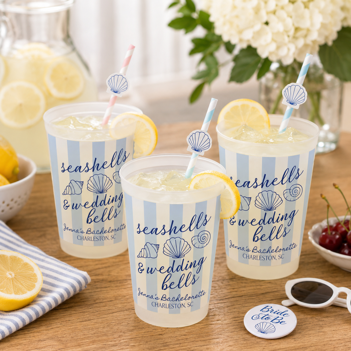 Personalized Seashells and Wedding Bells Plastic Cup, Seashell Bachelorette Cup, Coastal Bachelorette Drinkware, Beach Club Stripes Cup