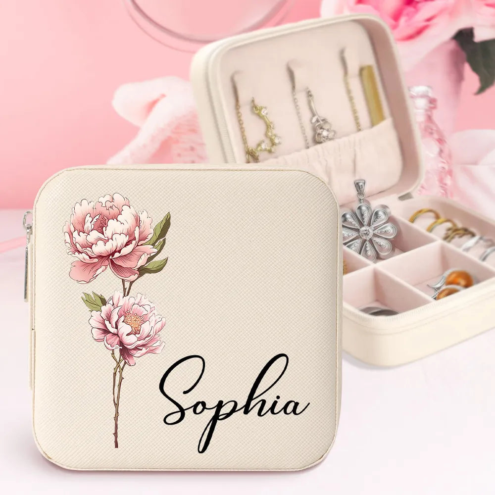 Birth Month Flower With Name - Personalized Square Jewelry Box - Gift For Mom, Mother's Day, Birthday Gift