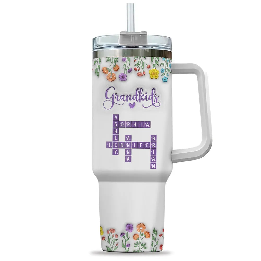 Grandkids Purple Crossword Wildflower Pattern - Personalized 40oz Tumbler - Gift For Grandma Mom, Mother's Day, Birthday Gift