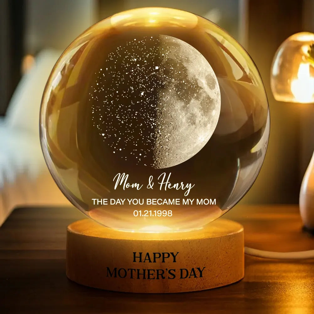 Custom Moon Phase & Star Map by Date Engraved Wooden Base - Personalized Crystal Ball LED Night Light - Gift for Mom, Mother's Day Gift