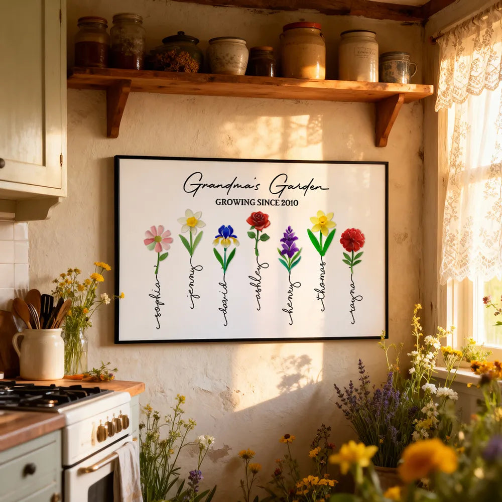 3D Sea Glass Birth Month Flowers Grandma's Garden - Personalized Canvas - Gift For Grandma, Mom, Birthday Gift