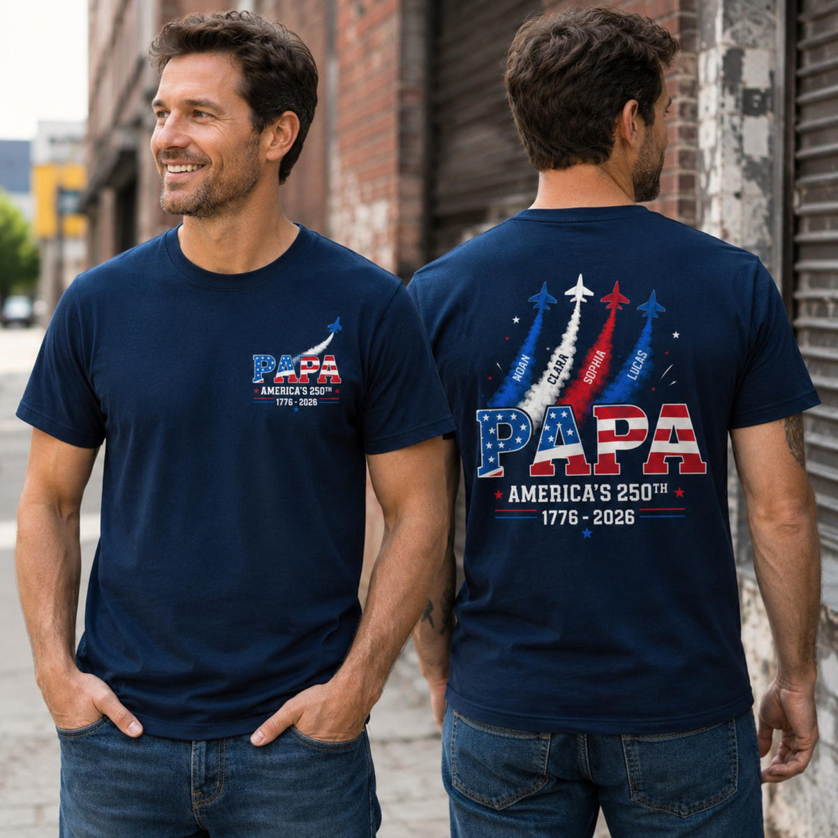 Custom Papa America 250 Shirt, Fighter Jet Kids Names Tee, Patriotic Grandpa Gift, 4th of July Dad Top, 1776 to 2026 USA, Veteran Father