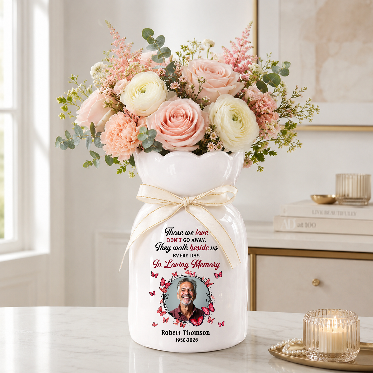 In Loving Memories Custom Photo Vase - Personalized Custom Ribbon Tie Flower Vase