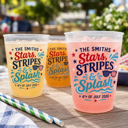 Personalized Pool Party Plastic Cups, Custom Stars Stripes and Splash Cups, 4th of July Family Pool Party Cups