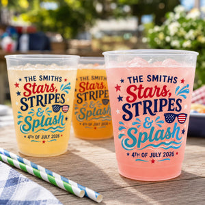 Personalized Pool Party Plastic Cups, Custom Stars Stripes and Splash Cups, 4th of July Family Pool Party Cups