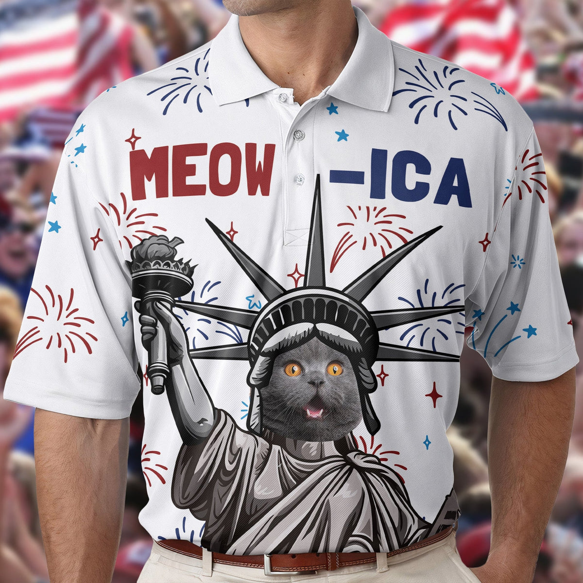 Patriotic Meowica - Personalized Polo Shirt - 4th Of July Gift For Cat Dad, Cat Mom