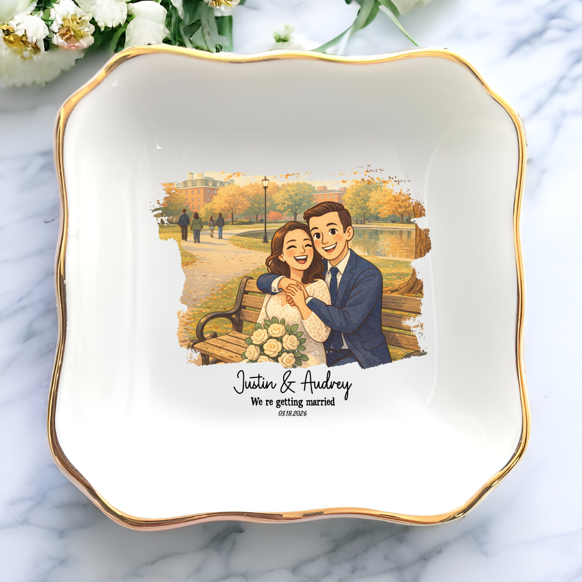 Personalized Proposal Photo Jewelry Dish - Custom Semi-Realistic Cartoon Illustrated Engagement Keepsake Ring Tray with Names & Engaged Date