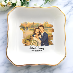 Personalized Proposal Photo Jewelry Dish - Custom Semi-Realistic Cartoon Illustrated Engagement Keepsake Ring Tray with Names & Engaged Date