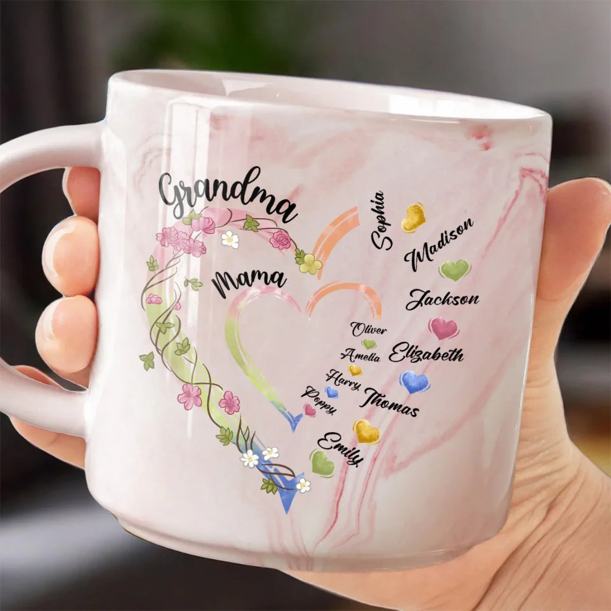 Mom & Grandma Floral Heart With Kid Names - Personalized Marble Mug - Gift For Mom, Grandma, Mother's Day, Birthday Gift