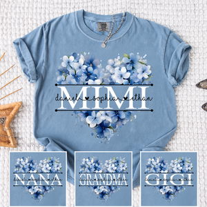 Personalized Mimi Shirt with Blue Floral Heart Design, Custom Grandma Mother Gift with Grandkids Name