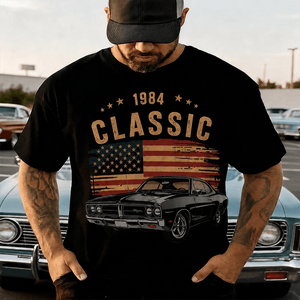 Personalized Classic Car Shirt with Custom Photo, Year & Flag – Retro Tee, Sweatshirt or Hoodie for Car Lovers