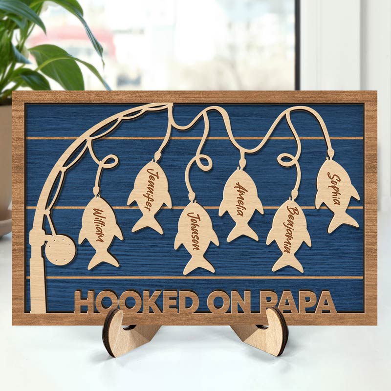 Hooked On Dad Grandpa - Personalized Wooden Plaque - Gift For Father, Grandpa, Father's Day