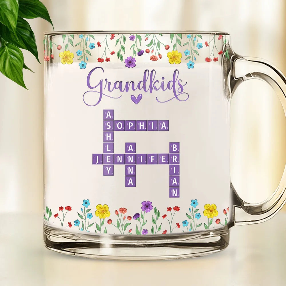 Grandkids Purple Crossword Wildflower Pattern - Personalized Glass Mug - Gift For Grandma Mom, Mother's Day, Birthday Gift