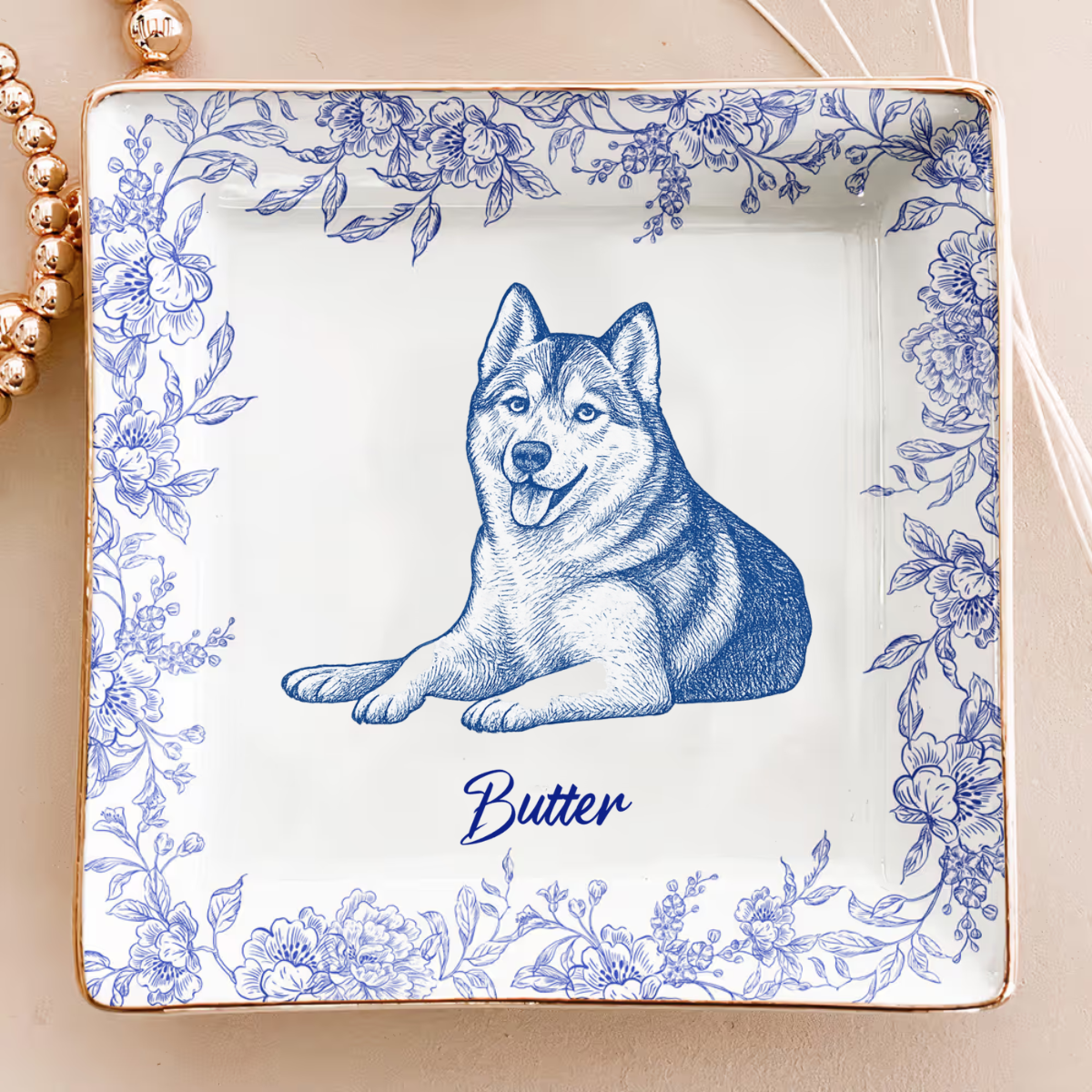 Pet Blue Toile Pattern Upload Photo - Personalized Jewelry Dish - Gift For Dog Lover, Cat Lover, Friends