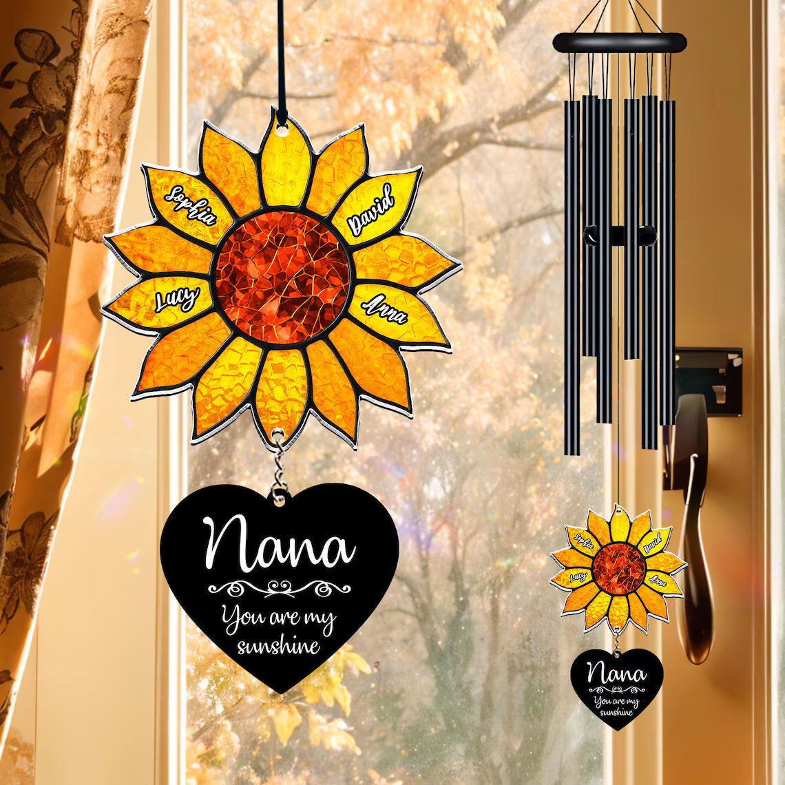 Personalized Sunflower Wind Chime, Custom Grandkids Names, Nana Gift