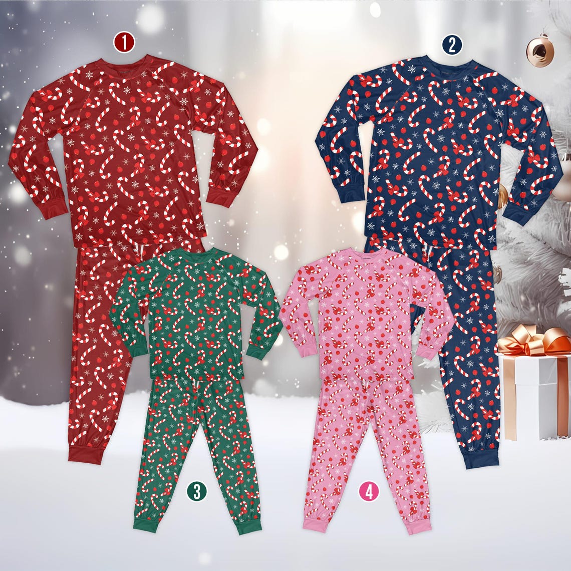 Coquette Bow Candy Cane Christmas Pajamas, Preppy Christmas Long Sleeve Two Piece Pajama Set, Festive Xmas Holiday Loungewear Set