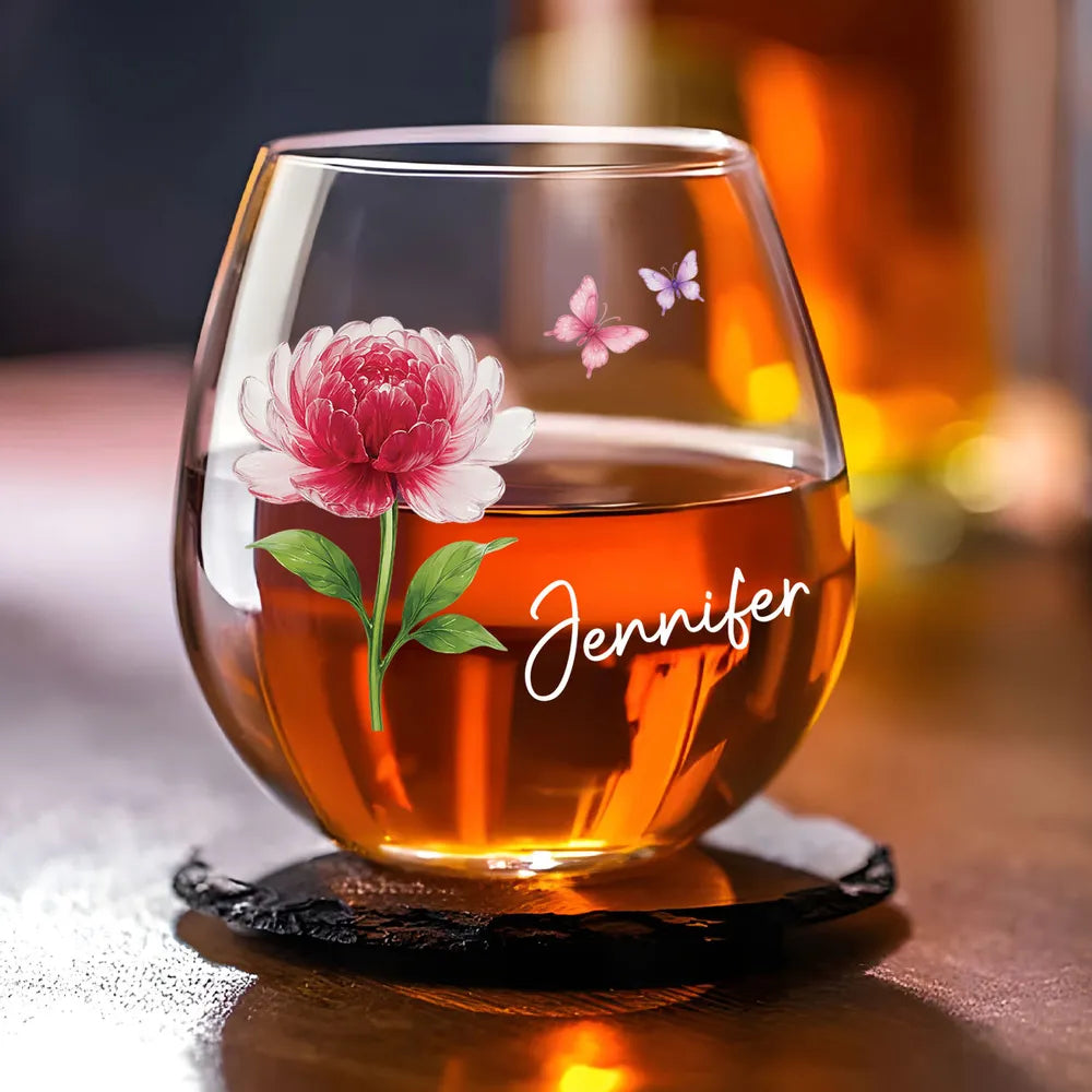 Birth Month Crystal Flower - Personalized Whiskey Glass - Christmas Gift For Sister, Bestie, Family