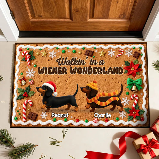 3D Effect Christmas Happy Pawliday Dachshunds Walking Gingerbread Cookie Theme - Personalized Doormat - Christmas Gift For Family