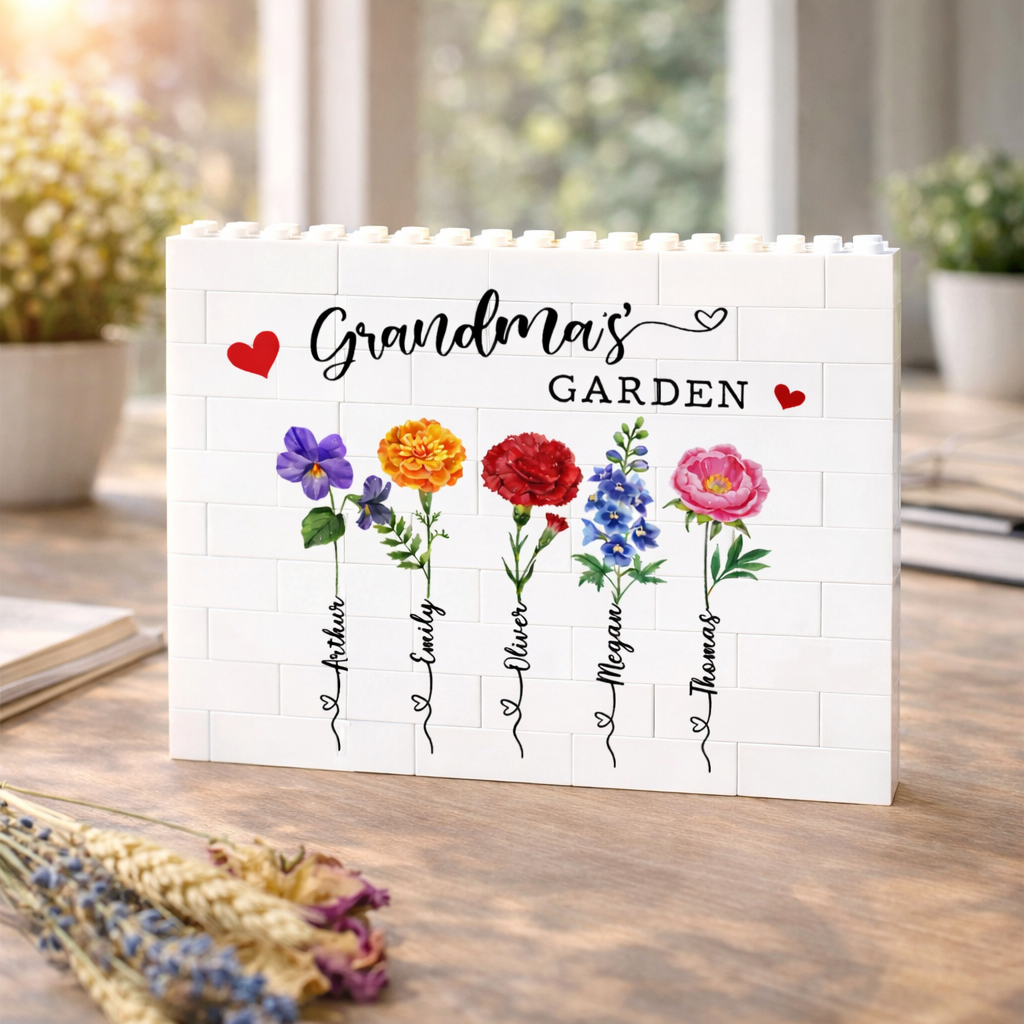Custom Birth Month Flower Building Block, Custom Birth Month Flower With Kids Names Block, Mother's Day Gift, Grandma's Garden, Gift For Mom