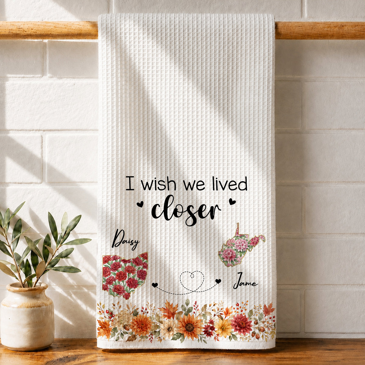 I Wish We Lived Closer - Personalized Name Waffle Weave Kitchen Towel, Housewarming Gift