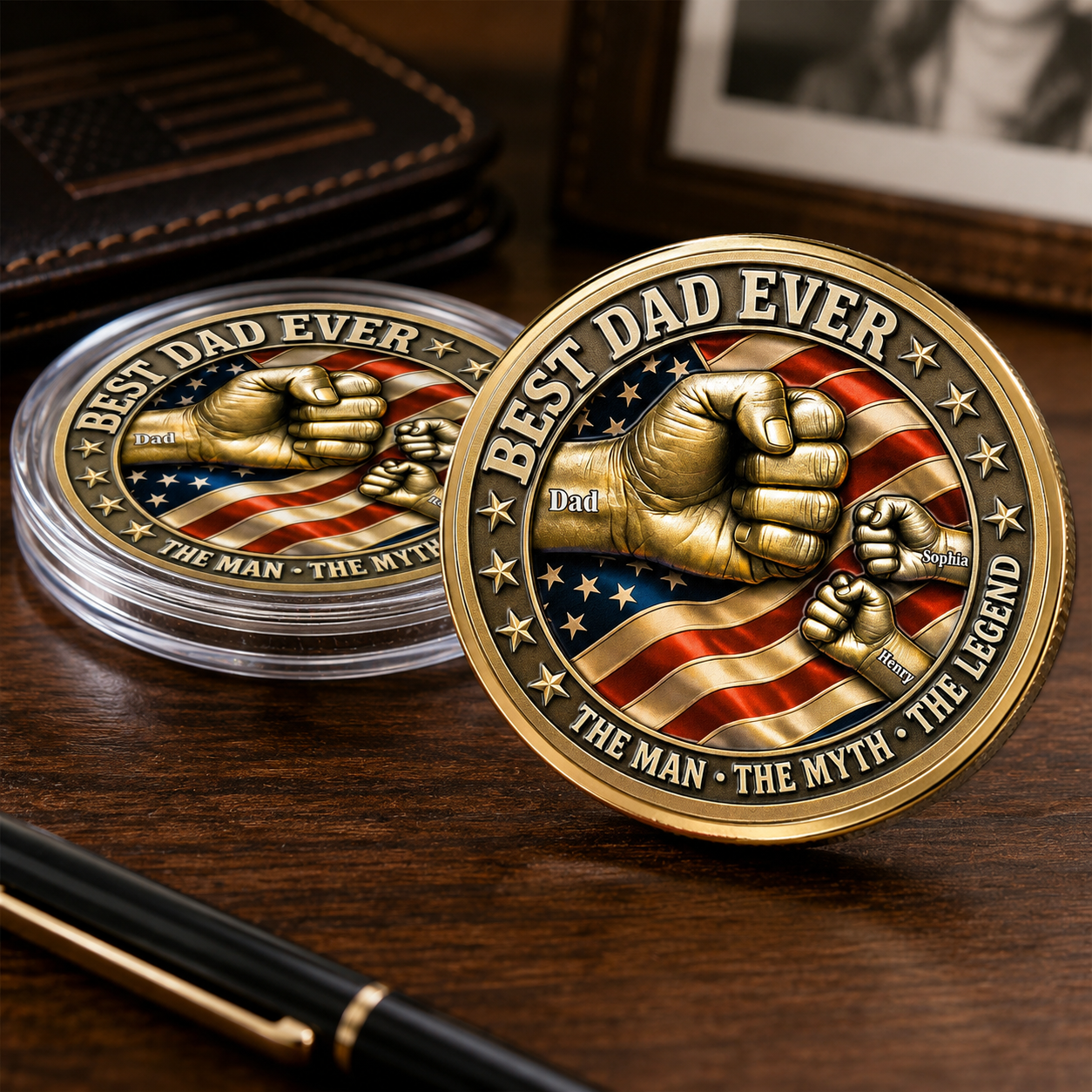 Best Dad Ever Fist Bumps With Kids' Names - Personalized Metal Coin - Gift Dad, Grandpa, Father's Day Gift, Patriotic Gift