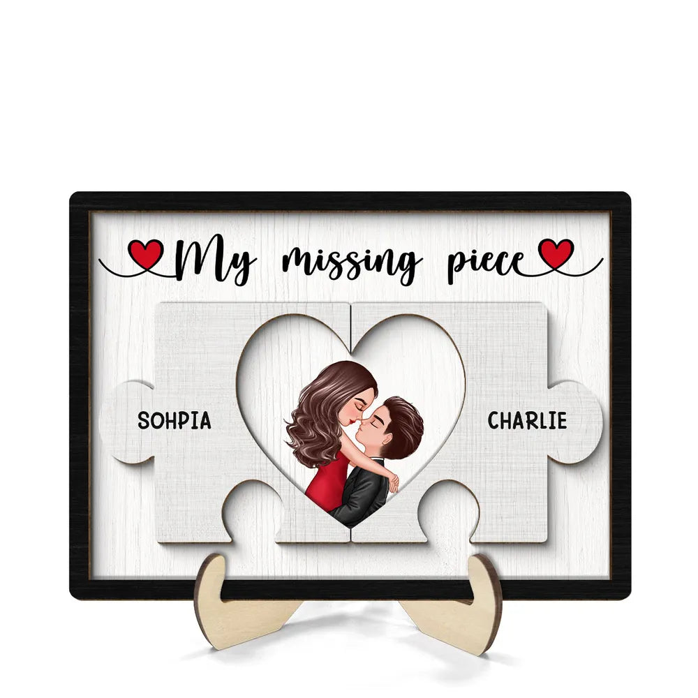 Couple Kissing Missing Piece In Puzzles - Personalized Wooden Plaque - Valentine s Day Gift For Him, For Her