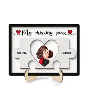 Couple Kissing Missing Piece In Puzzles - Personalized Wooden Plaque - Valentine s Day Gift For Him, For Her