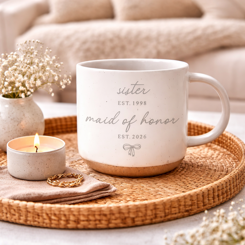 Personalized Bridesmaid Engraved Mug, Maid of Honor Gift, Wedding for Sister, MOH Pottery Mug, Bridesmaid Favors, Engagement Proposal Gift