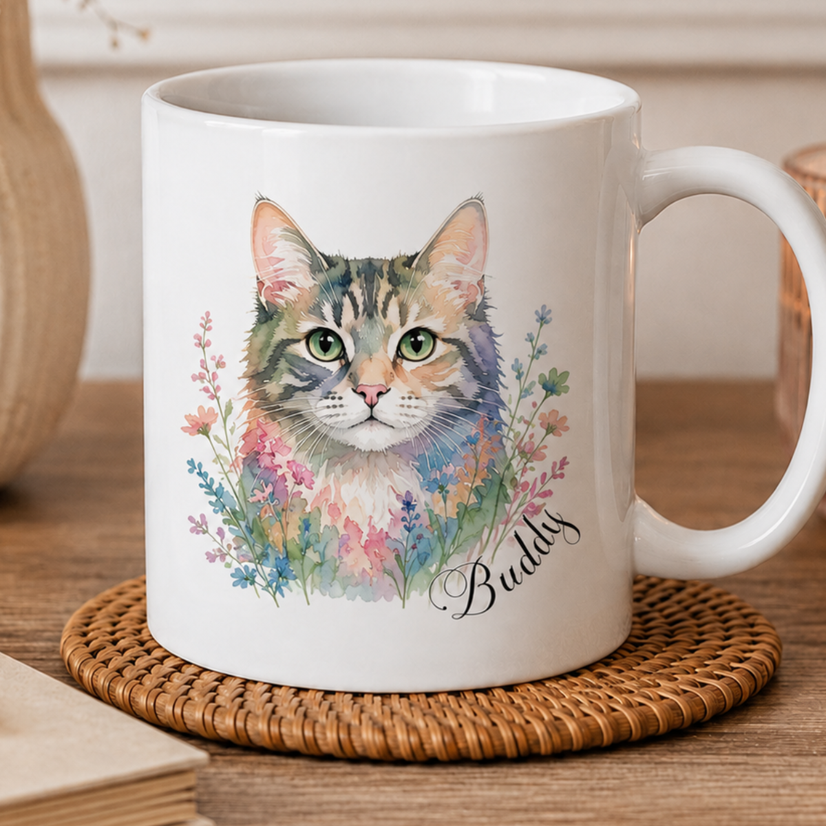 Custom Pet Portrait Mug, Personalized Cat Watercolor Coffee Mug with Pet Name Gift for Cat Lovers