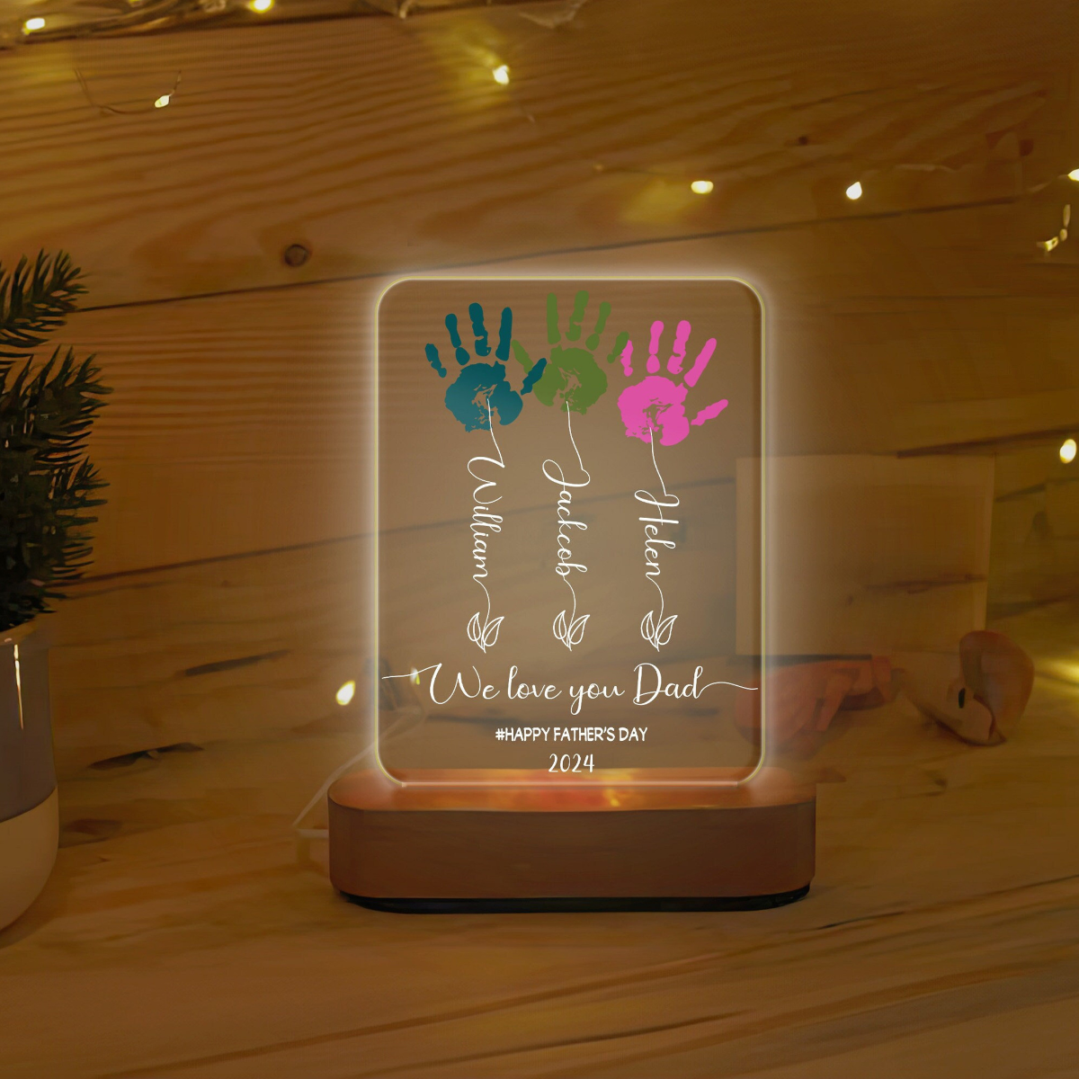 Father's Day Handprint Art Night Light, Flower Handprint Led Lamp, Gifts For Dad Lamp, Father's Day Gift