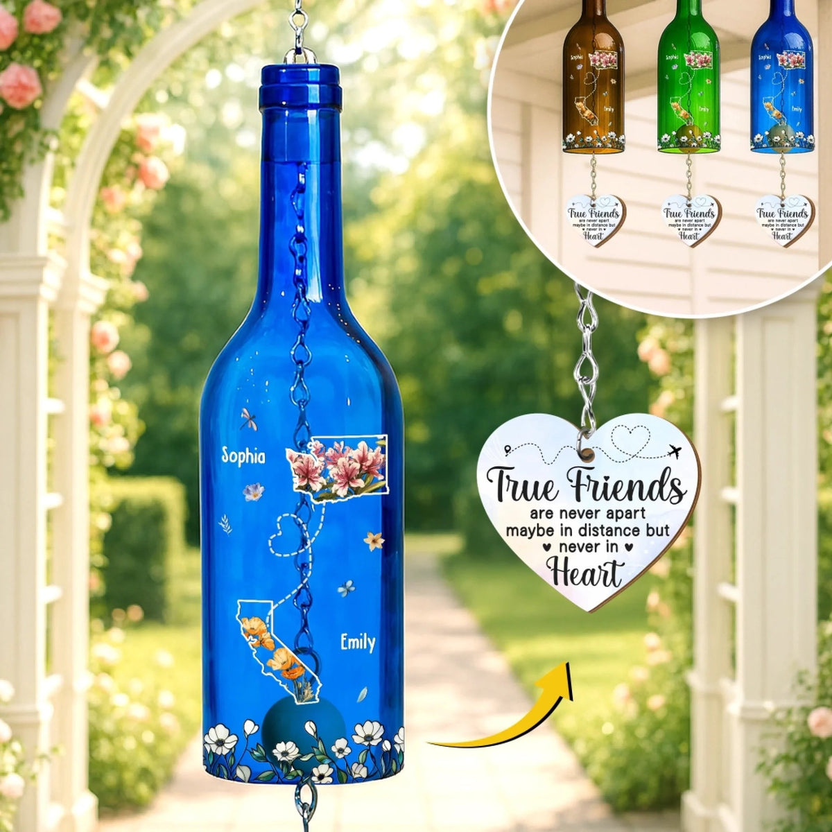 Long Distance Friends - Personalized Wine Bottle Wind Chime - Gift For Sisters, Besties, Friends