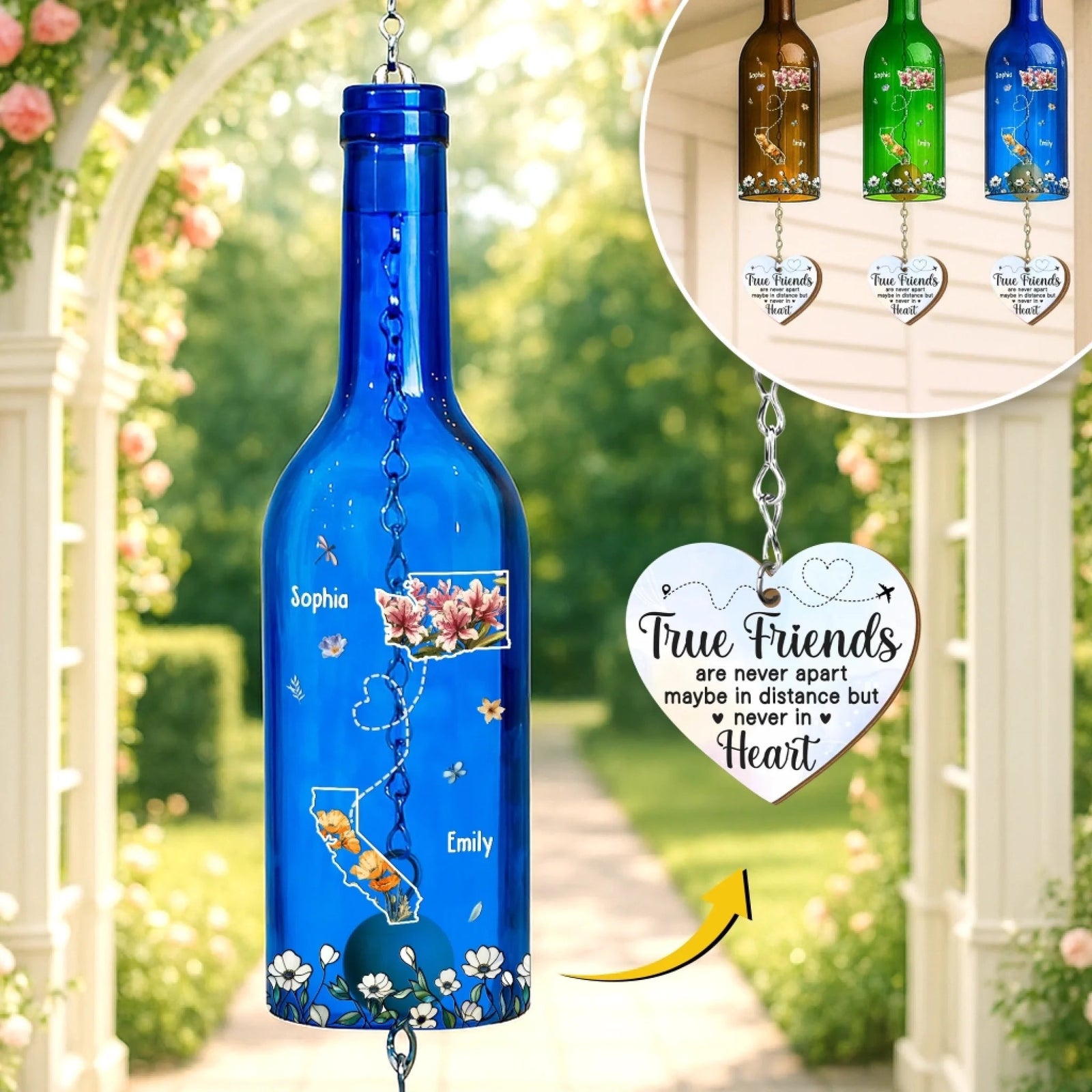 Long Distance Friends - Personalized Wine Bottle Wind Chime - Gift For Sisters, Besties, Friends