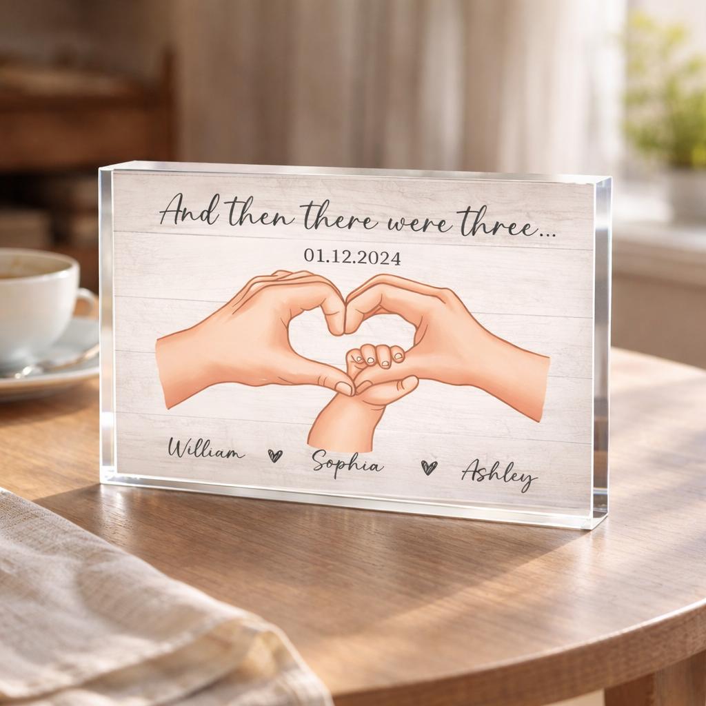 Family Of Three Personalized Acrylic Table Sign, Heartfelt Gift For New Mom, New Dad, New Parents