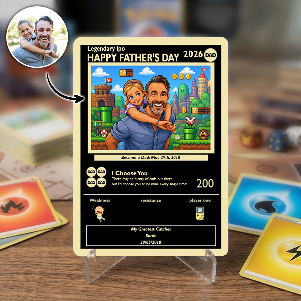 Retro Pixel Art Illustration Poke Father's Day Card - Custom Pokemon Card - Dad Gifts - Personalized Metal Card