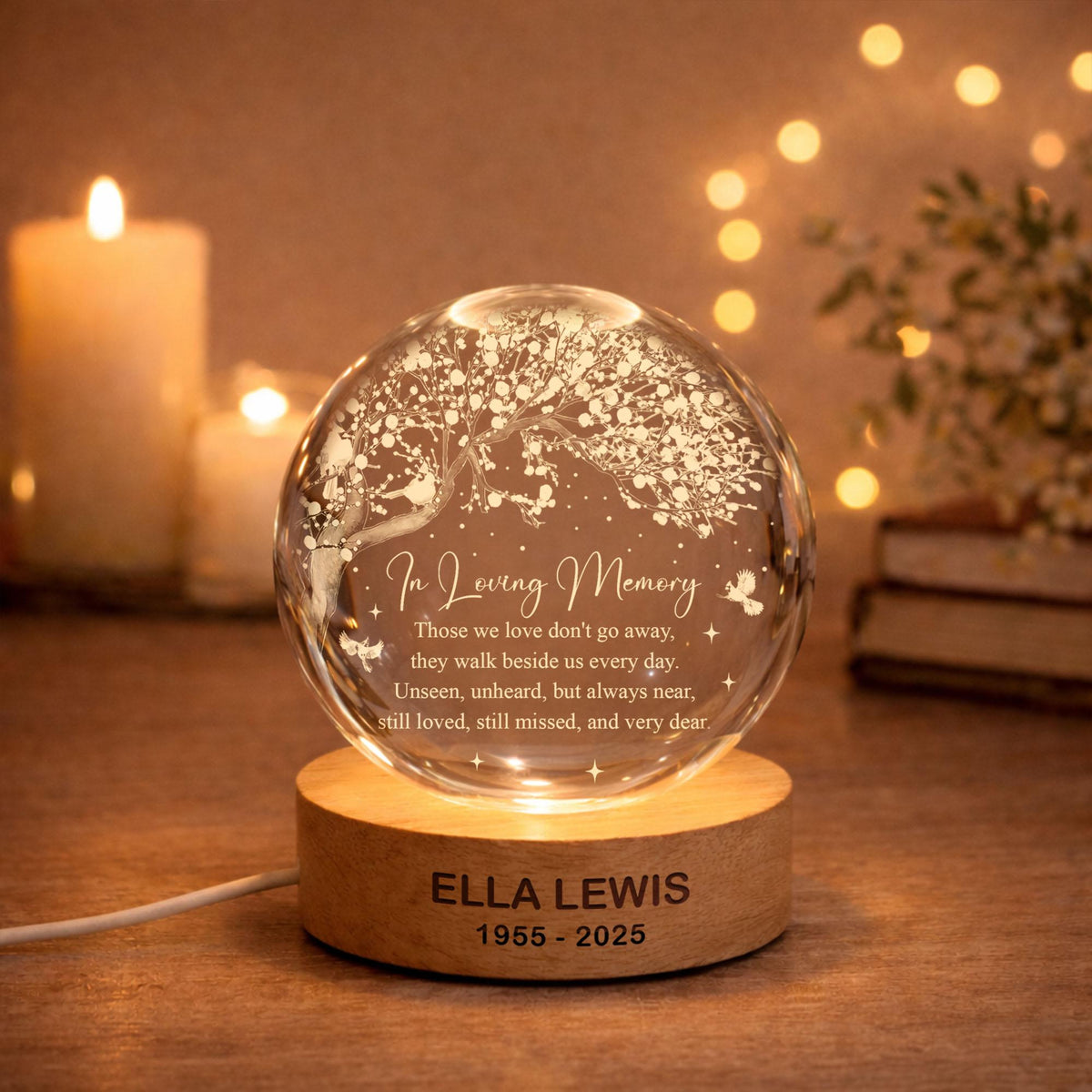 Custom Memorial Crystal Ball LED Light Lamp Mom Loss Gifts, Dad Remembrance, Loss of Father Gift, Sympathy Keepsake