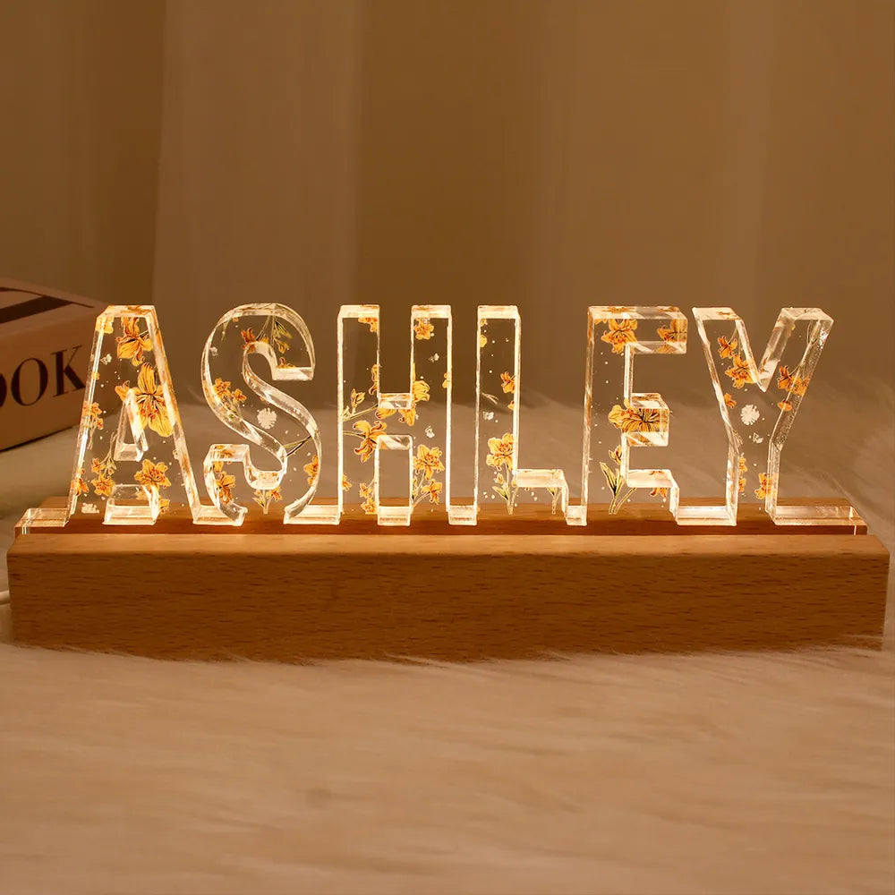 Custom Flower Printed LED Night Light, Birth Month Flower, Custom Name, Gift For Her