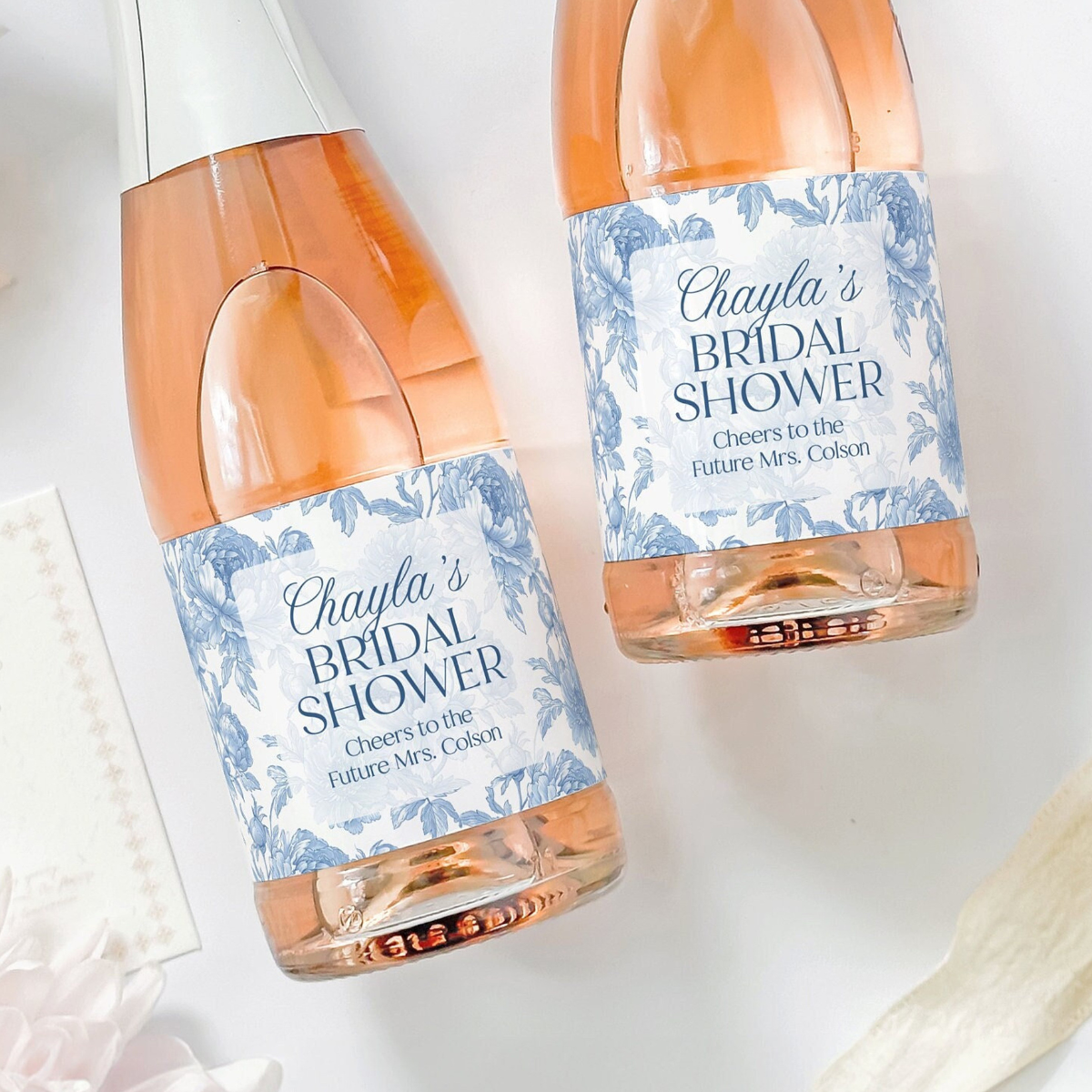 Blue Floral Bridal Shower Champagne Labels, Chinoiserie Bridal Shower Favor, Vintage Something Blue Bridal Shower Gift, French Shower