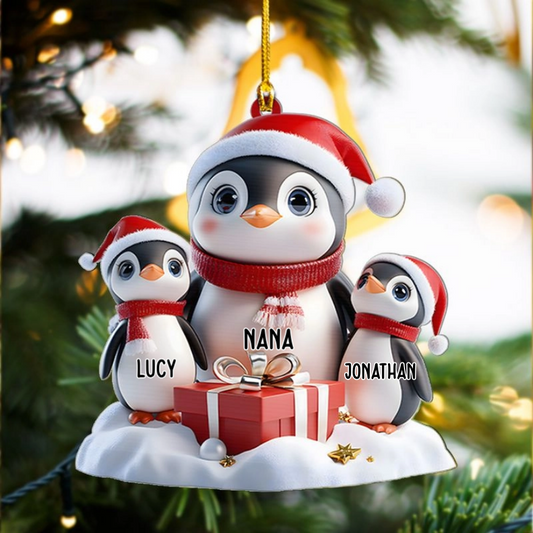Cute Penguin Ornament, Personalized Grandma Mama Christmas Shaped Ornament