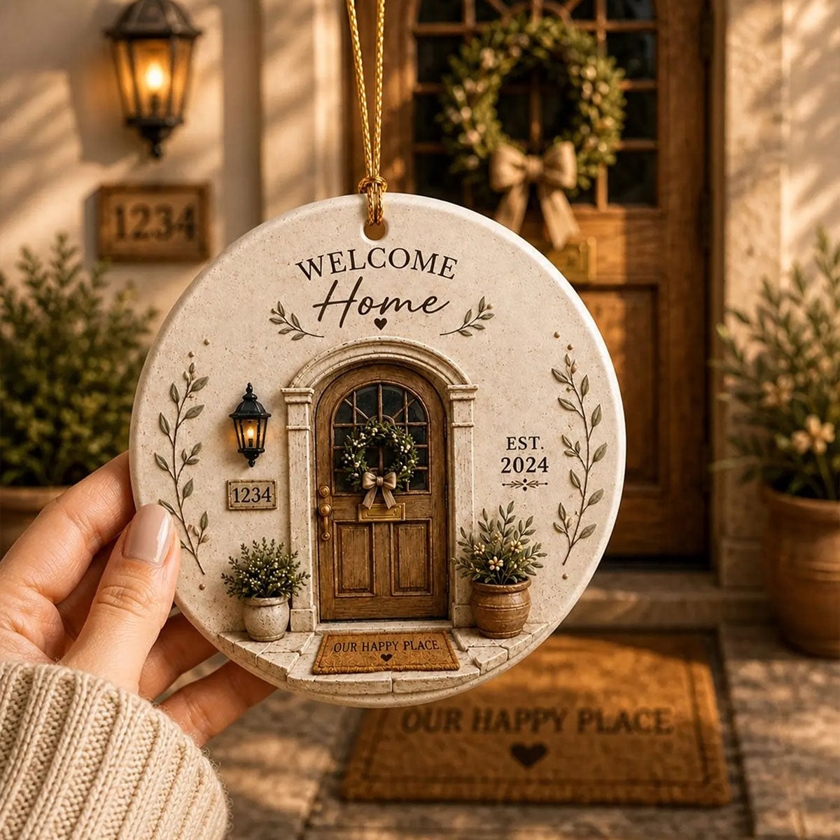 Welcome Home Our Happy Place - Personalized Ceramic Circle Ornament For Housewarming Christmas
