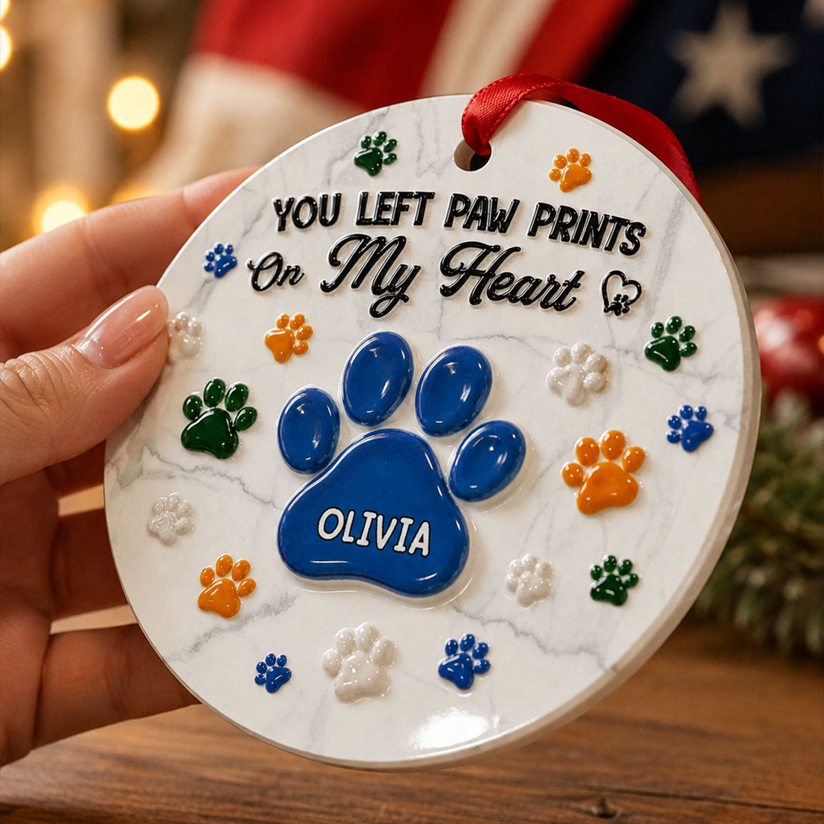 Pawprints On My Heart Family Christmas - Memorial Ornament - Real 3D Raised Ornament
