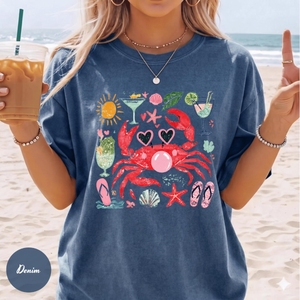 Comfort Colors Funny Crab Shirt, Crab Blowing Bubble Graphic Tee, Beach Vibes Nautical T-shirt, Summer Vacation Gift, Graphic Summer Shirt
