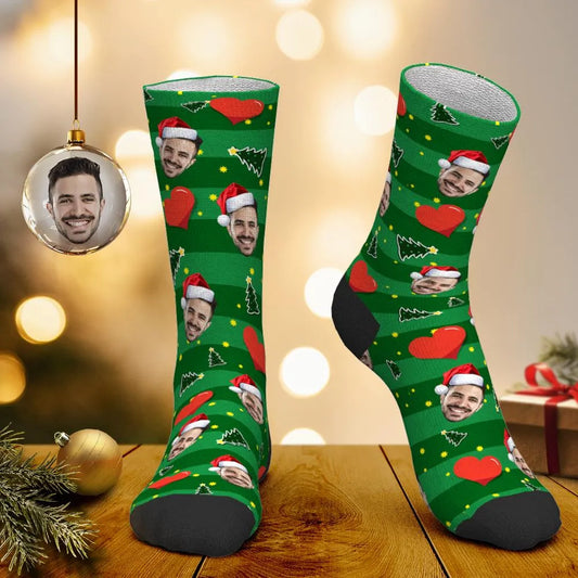 Custom Face Christmas Tree & Heart - Personalized Socks - Christmas Gifts for Women Men