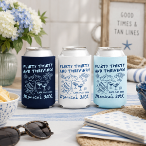 Flirty Thirty and Thriving Birthday Can Coolers, 30th Birthday Personalized Can Sleeves, Beach Coastal Birthday Party Favors