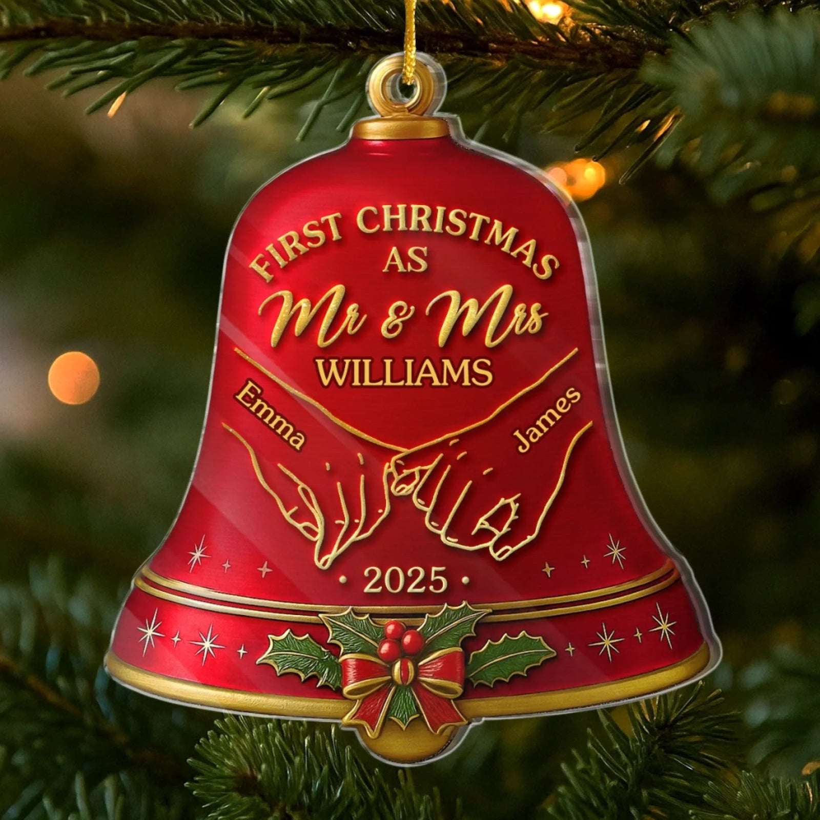 First Christmas As Mr & Mrs Red Christmas Bell - Personalized Acrylic Ornament - Gift For Couple, Christmas Newlywed Gift