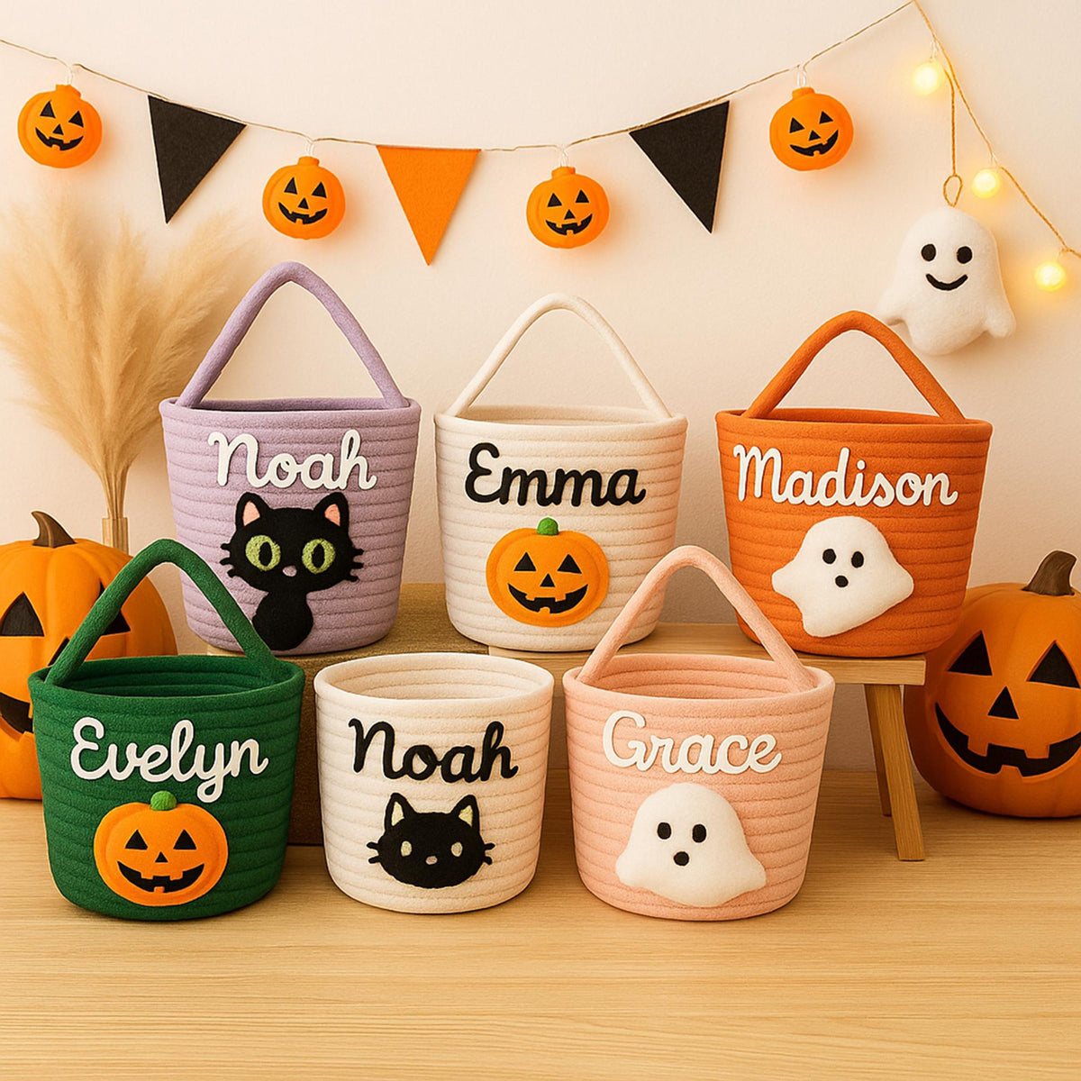 Custom Halloween Candy Basket Name Embroidery, Trick or Treat Tote Bag, Kids Pumpkin Bucket, Soft Rope Halloween Decor Bag, Halloween Gifts