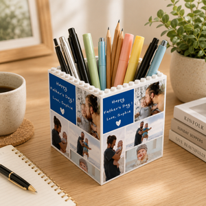 Custom Unique Gift for Dad, Photo Collage Building Block Pen Holder, Dad And Me Photo Blocks, Gift For Husband, Bricks Puzzle Fathers Day
