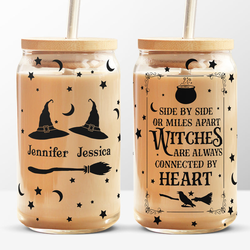 Witches Are Always Connected By Heart, Personalized Custom Witch Glass Cup, Iced Coffee Cup, Halloween Gift For Besties