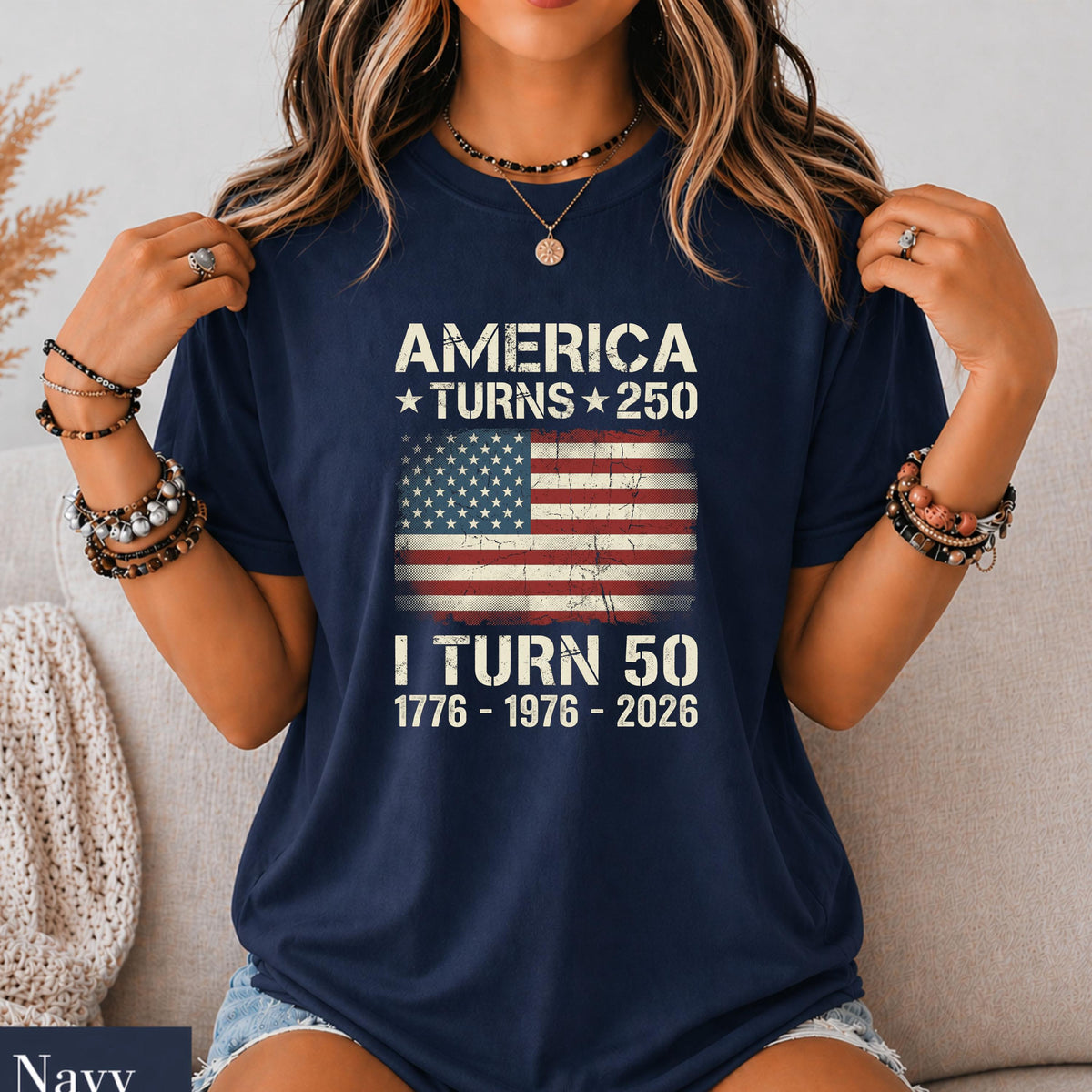 Custom America Turns 250 I Turn 50 T-Shirt, Birthday Patriotic USA 1776-2026 Tee, 50th Milestone Birthday Gift for Men Women